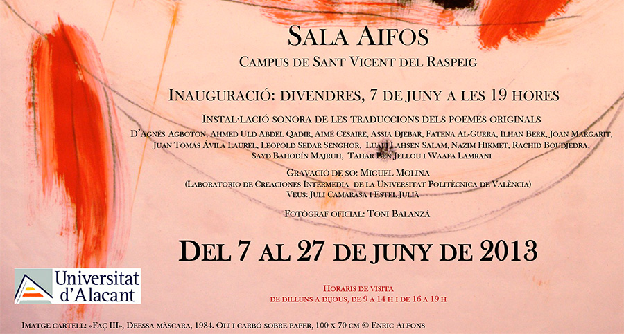 Cartel de La imatge traduïda de Estel Julià sobre pinturas de Enric Alfons con fotografías de Toni Balanzà, en la sala Aifos del campus de Sant Vicent del Raspeig de la Universitat d'Alacant