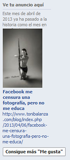 anuncio de facebook promocionando una fotografía censurada de mujer mastectomizada del fotógrafo Toni Balanzà