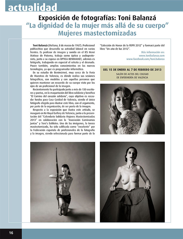 La noticia de la exposición Mujeres Mastectomizadas en la revista del Colegio Oficial de enfermería de Valencia