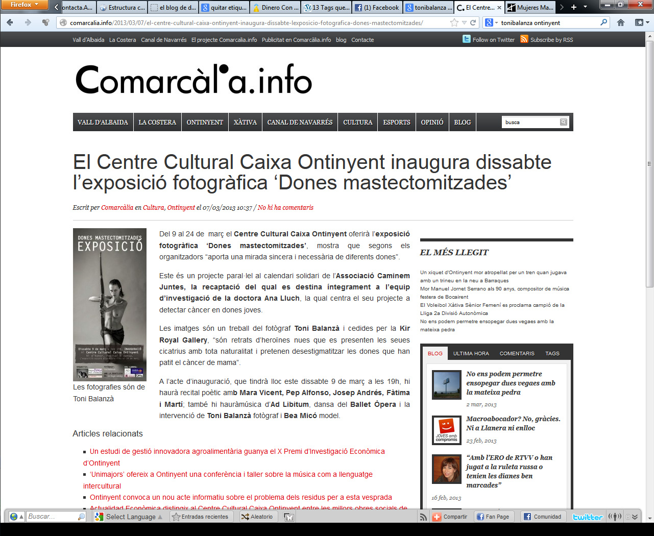 Comarcal info la noticia de la exposición fotográfica mujeres mastectomizadas de Toni Balanza en la web